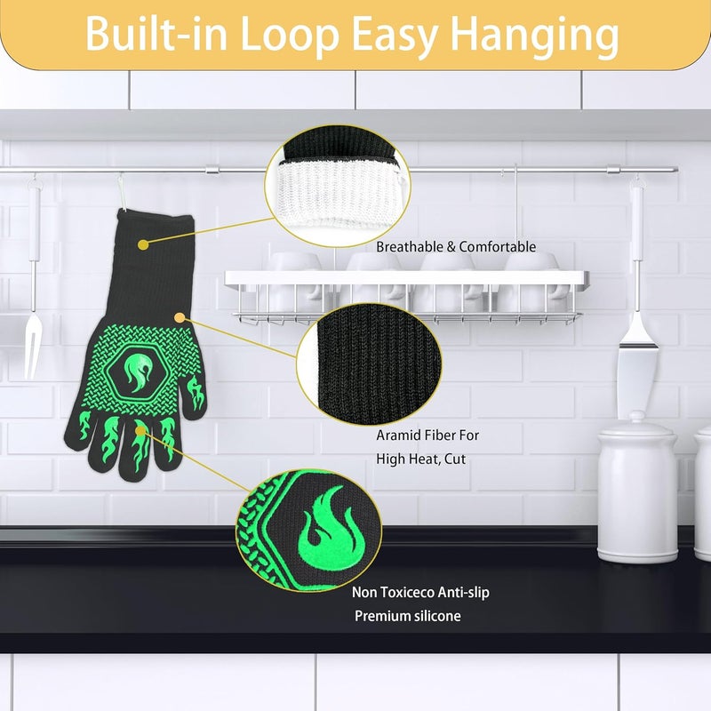 DKHDBD BBQ Fireproof Gloves, Grill Cut-Resistant Gloves 1472°F Heat Resistant Gloves, Non-Slip Silicone Oven Gloves, Kitchen Safe Cooking Gloves for Oven Mitts,Barbecue,Cooking, Frying,13.5 Inch-Green - Image 3